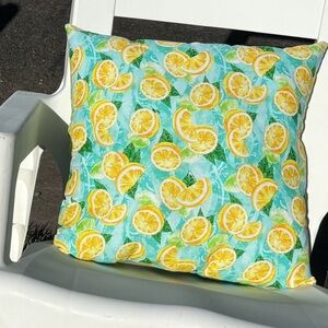 Handmade summer pillows with lemon print. 16” squares. Stuffed with poly fill.
